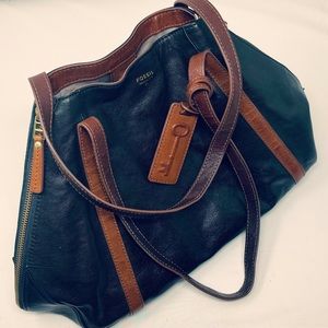 Fossil B&W Leather Shopper Black & White Tote Shoulder Bag Purse Handbag Zippers